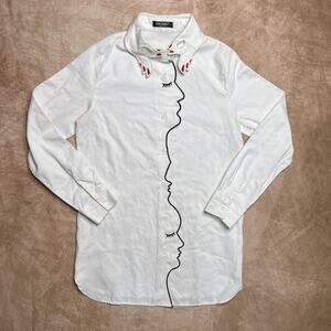 Singkbee Faces Placket Embroidered Button Up Blouse Hand Print Collar Women's L
